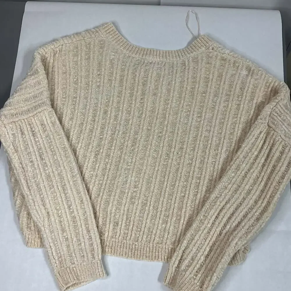 L.A. Hearts Women's Cream Chenille Ribbed V-Neck Cropped Sweater